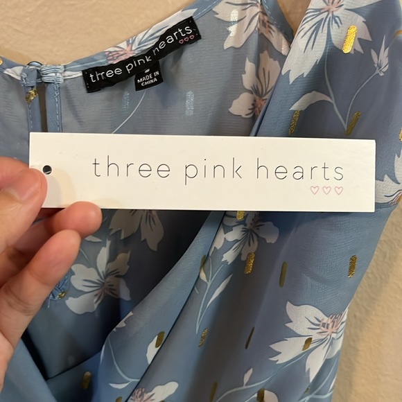 NWT Three Pink Hearts Blue White Gold Floral Faux Wrap Mini Dress S - Picture 5 of 11